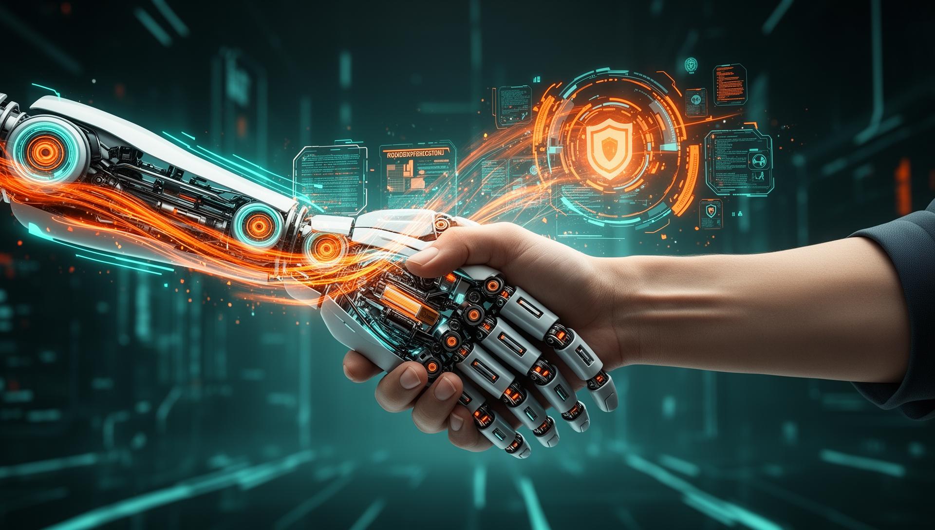 AI robot hand shaking human hand with holographic verification data - AI stolen item detection