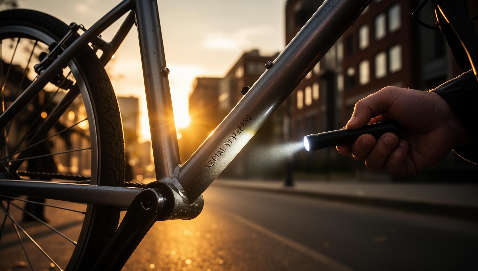 Person checking bicycle serial number with flashlight at golden hour - bike stolen check
