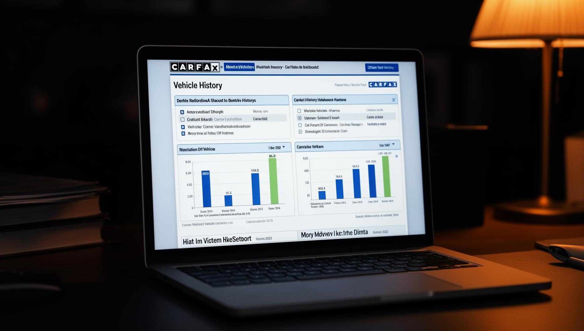 Laptop showing vehicle history report with comparison charts - Carfax alternatives