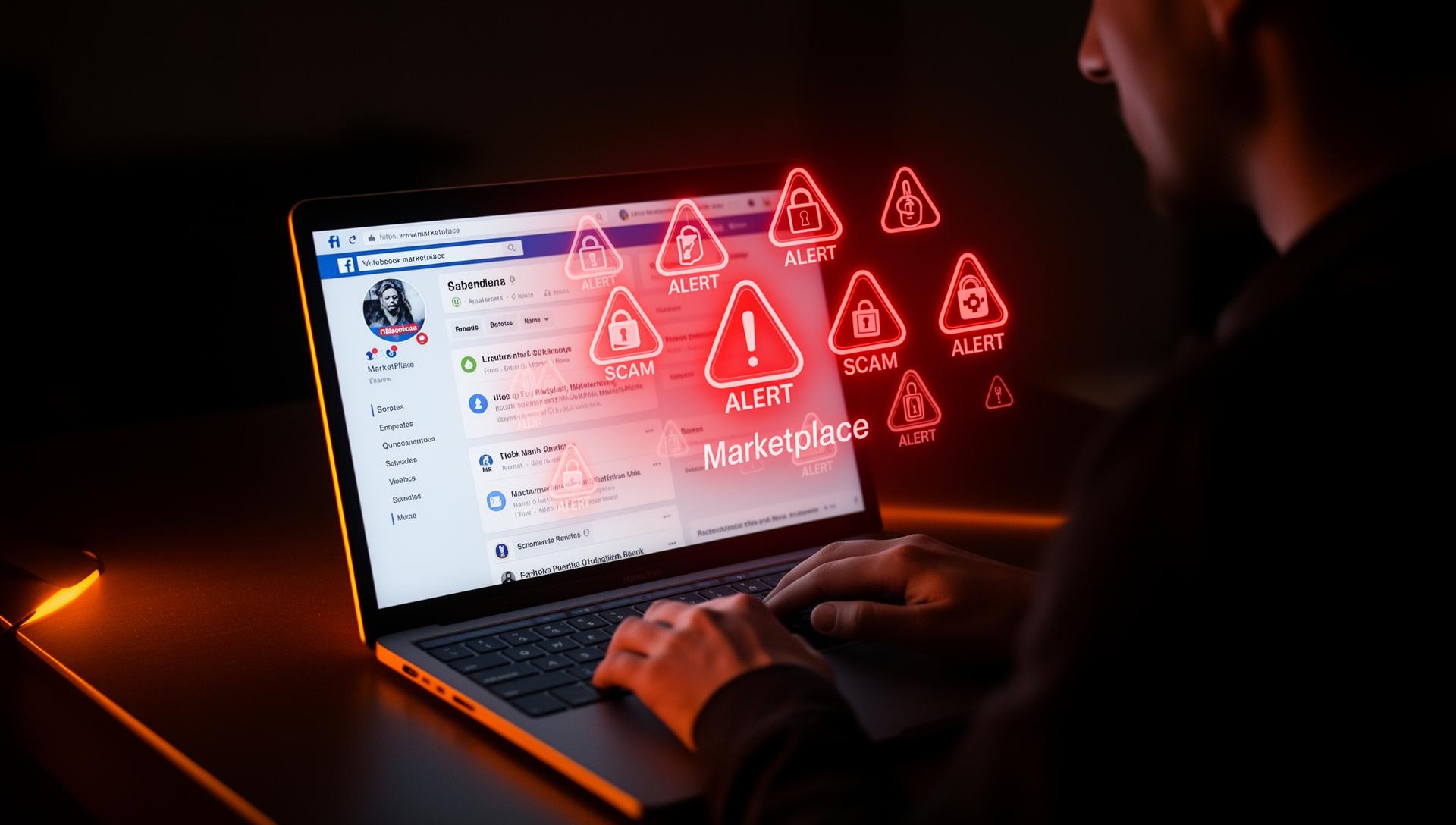 Laptop showing Facebook Marketplace with scam alert warnings - how to avoid marketplace scams