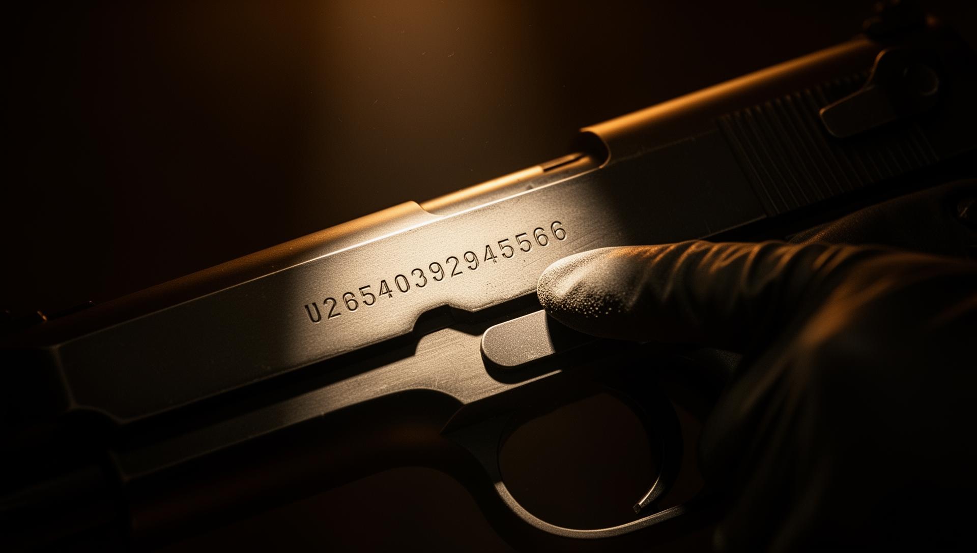 Firearm serial number close-up with forensic lighting - gun stolen verification guide
