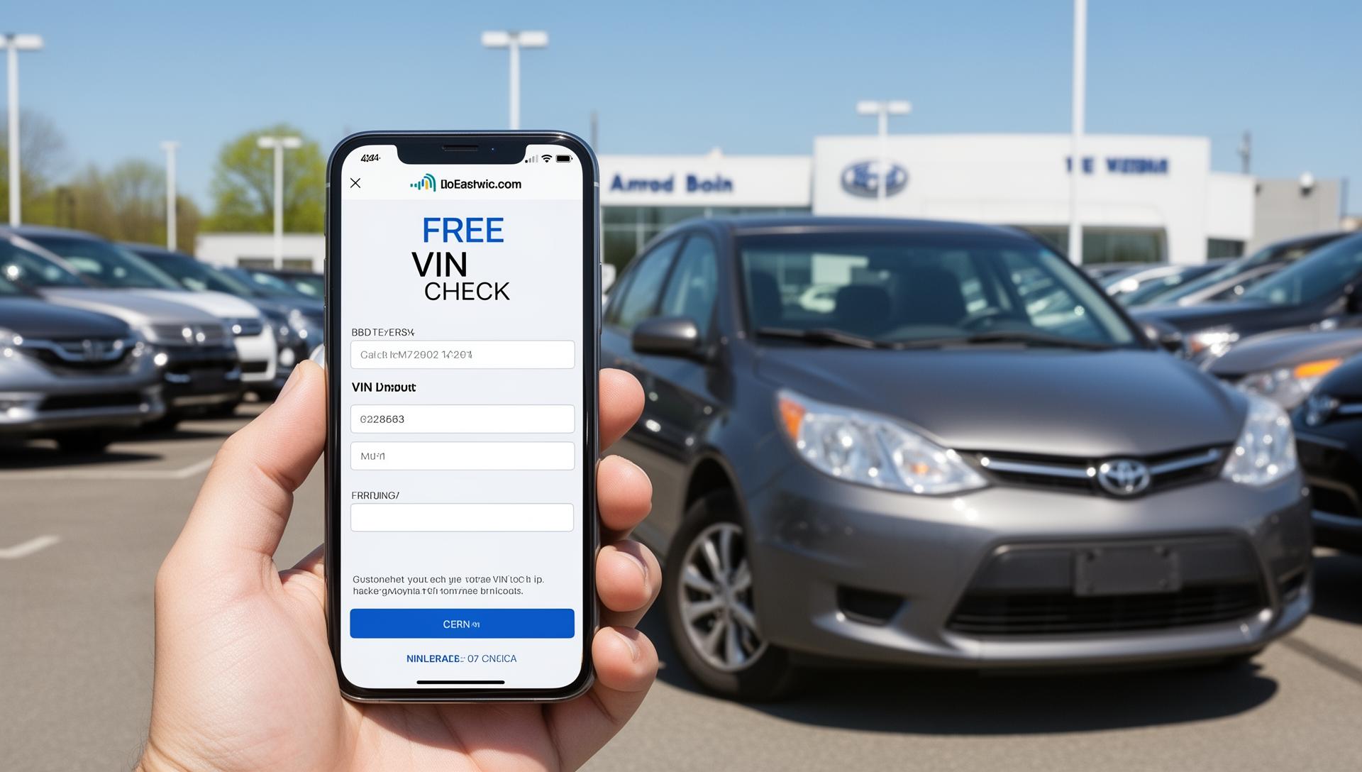 Person holding phone showing free VIN check at car dealership - free VIN lookup guide