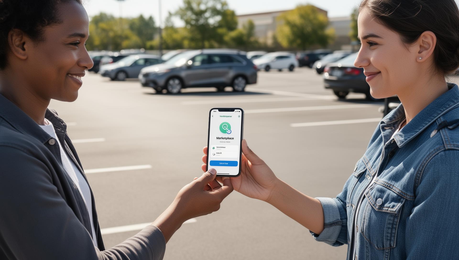 Two people meeting in parking lot exchanging verified item - marketplace buyers guide