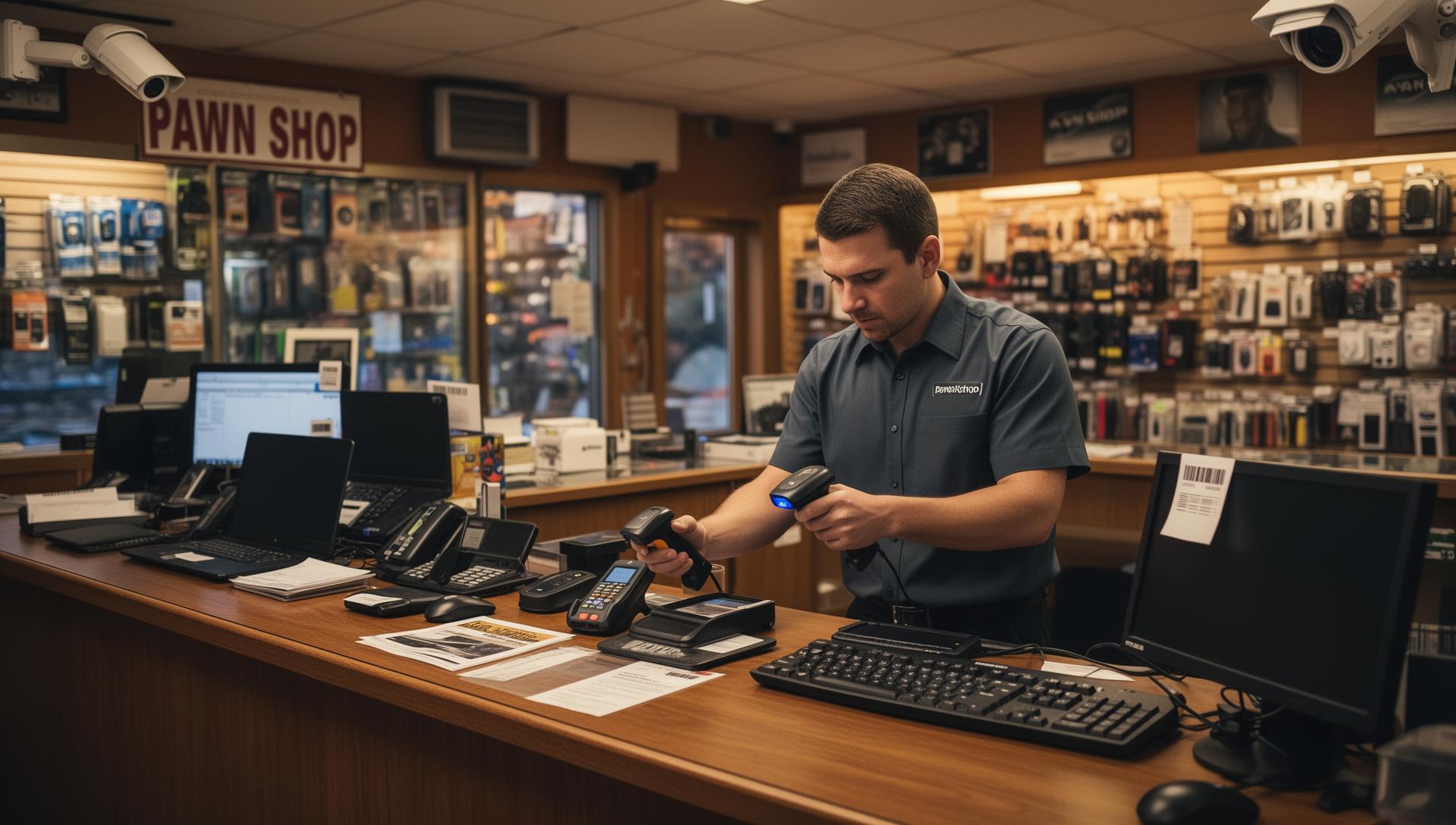 Pawn shop employee scanning electronics with barcode reader - pawn shop verification