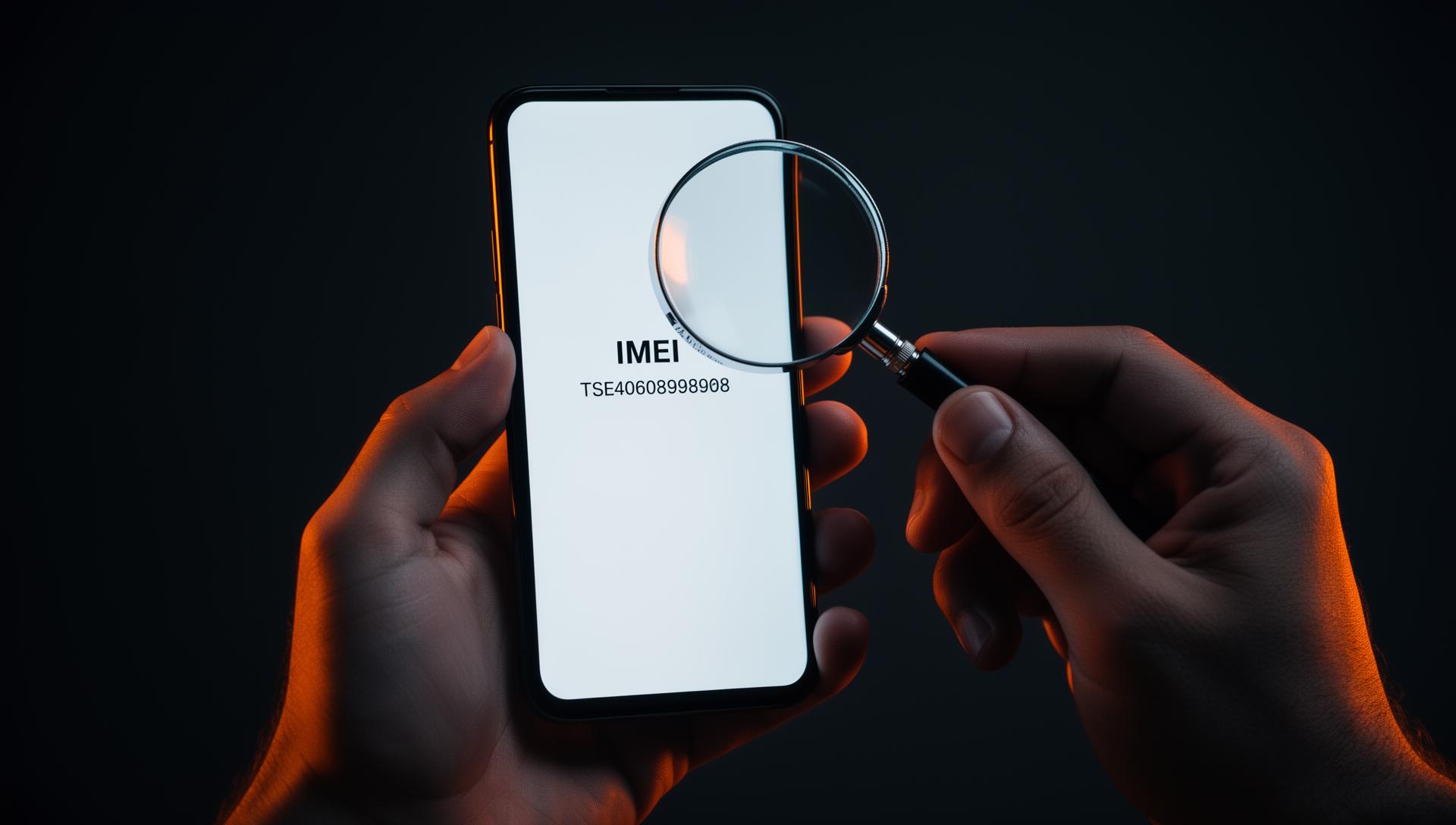 Person holding smartphone showing IMEI number with magnifying glass - how to check if a phone is stolen