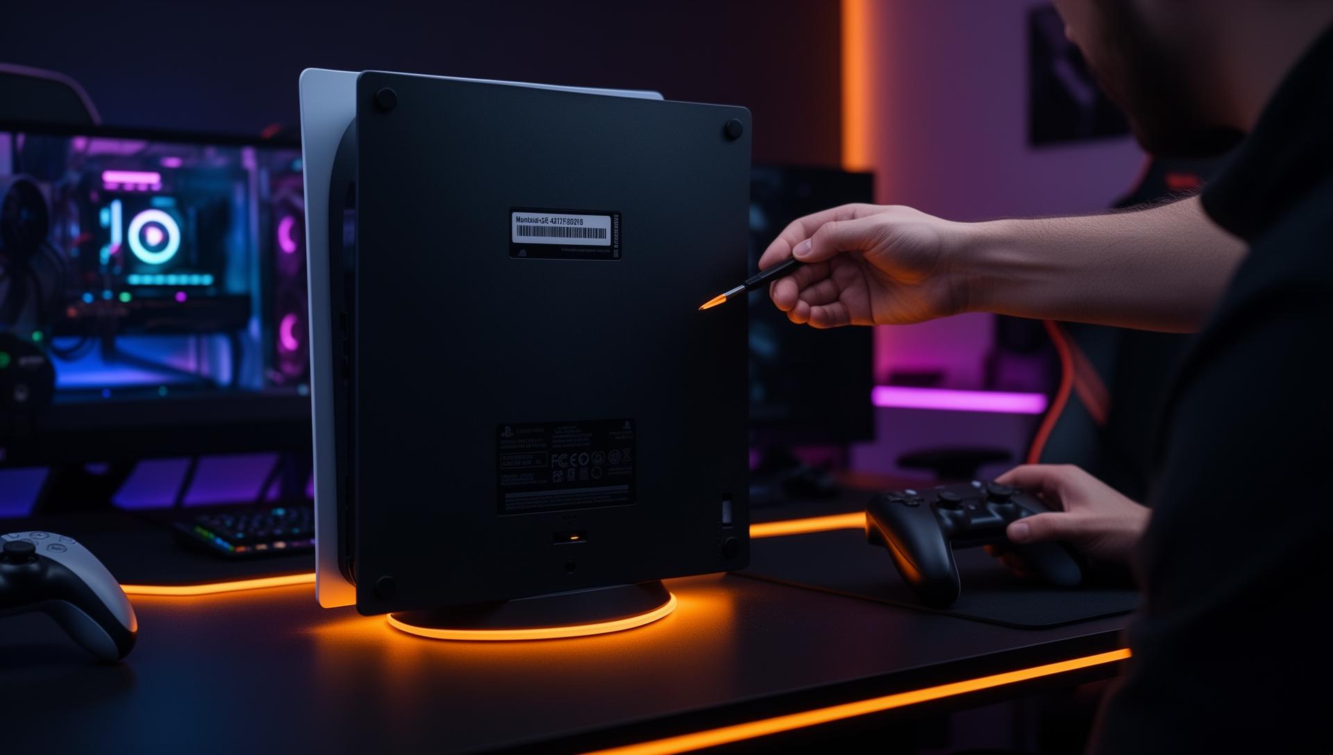 PS5 console serial number being checked with pen pointing - PlayStation 5 stolen check