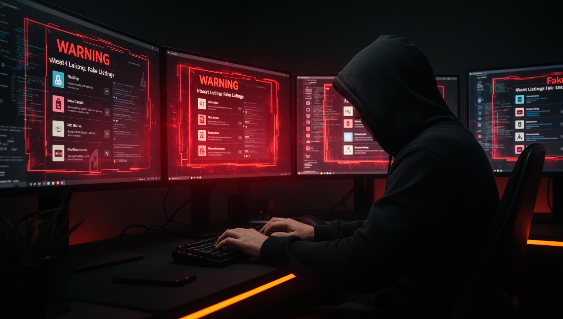 Hooded scammer with multiple monitors showing fake marketplace listings