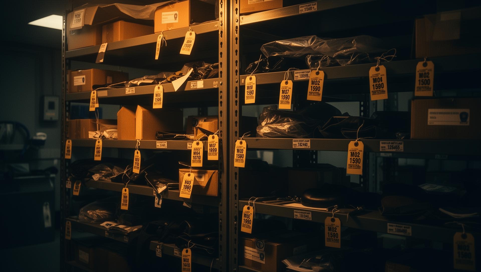 Police evidence room with tagged stolen items on shelves - theft trends report