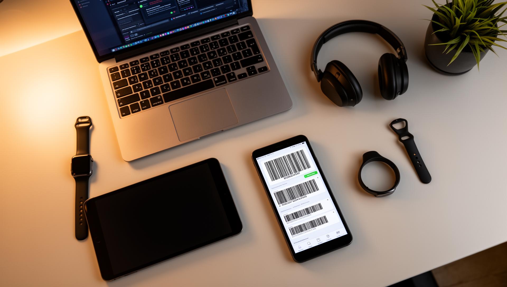 Used electronics on desk with phone scanning barcodes - electronics verification
