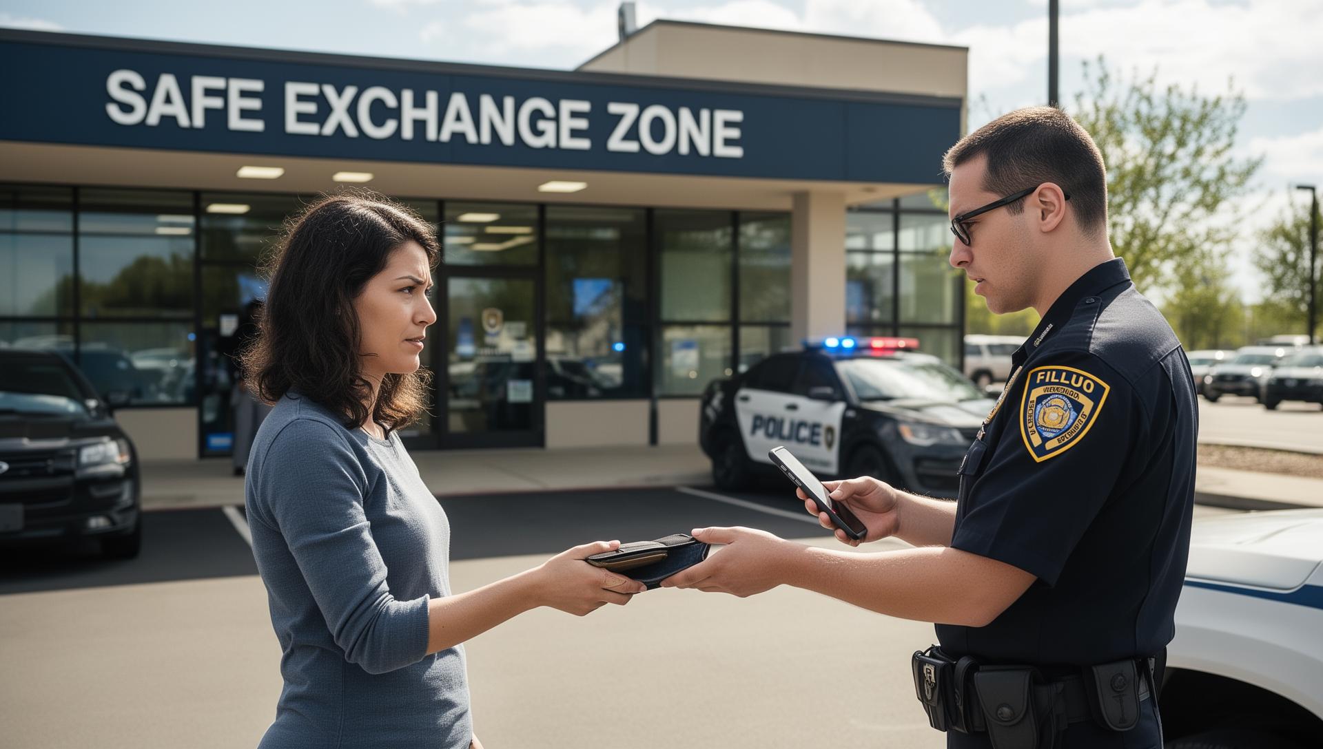 Two people at safe exchange zone verifying item with phone - marketplace meetup safety
