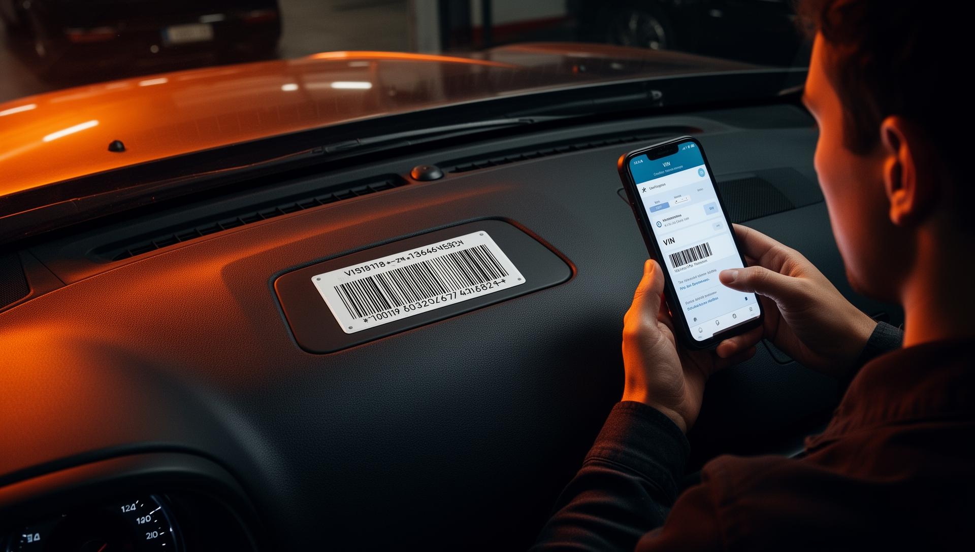 Person scanning VIN barcode on car dashboard with smartphone - VIN check guide