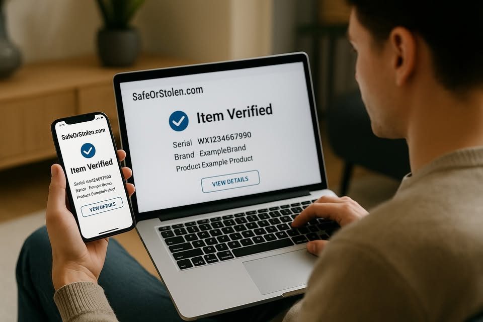 A person reviewing a SafeOrStolen 'Item Verified' result on a laptop and a phone at the same time, showing the item's serial number, brand, and product details with a View Details button